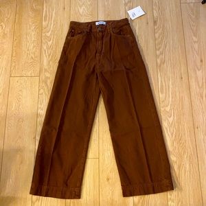 Etica Devon Wide Leg Organic Cotton Blend Twill Trousers in Dark Russet size 27